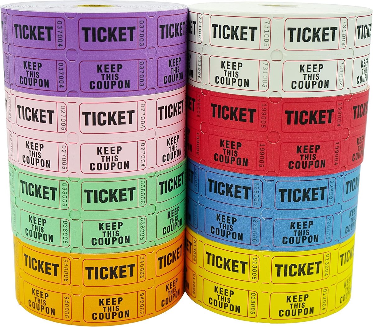 Loterij Tickets - Dubbele Rol - Evenementen Organiseren - 8 Kleuren Set - 8000 Paren - Veelkleurig
