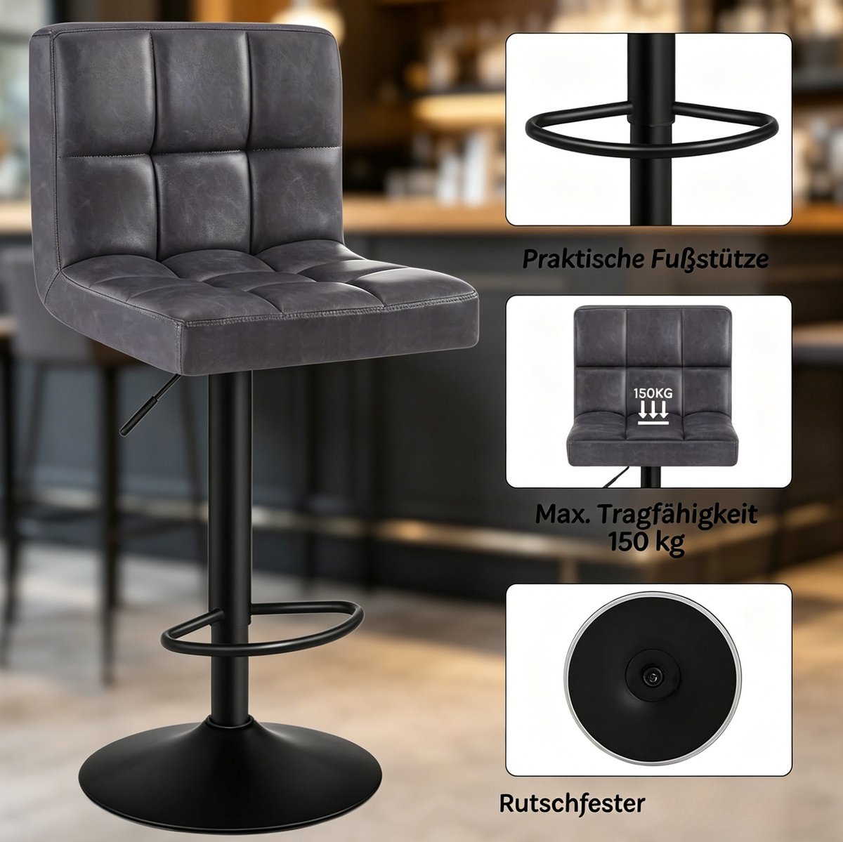 OKWISH Barkruk Verstelbaar 60-82 Cm - 360 Graden Draaibaar Met Rugleuning En Armleuningen - Keuken Of Bar - Kunstleer - Antraciet