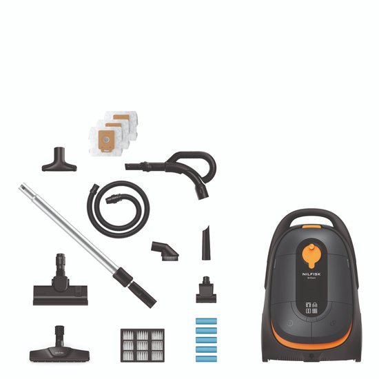 Nilfisk Brilliant stofzuiger met alle accessoires: mondstukken, buizen, zakken en filters.