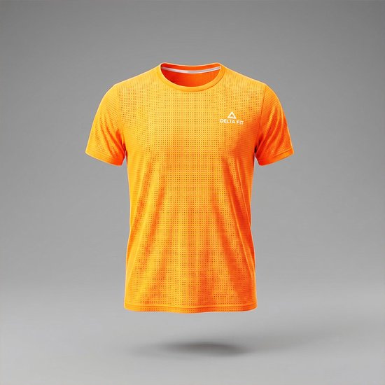 Feloranje Delta Fit sportshirt met korte mouwen, geperforeerd materiaal en wit logo.