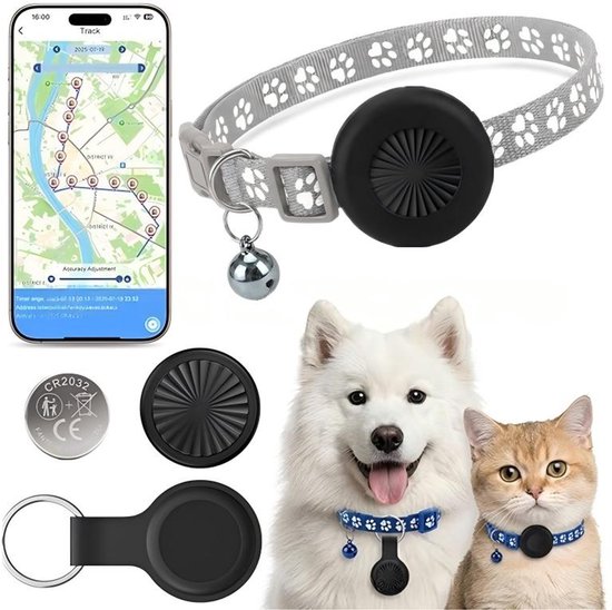 GPS Tracker Kat en GPS Tracker Hond - Huisdier Tracker zonder abonnement - Waterdichte Mini GPS Tracker voor Katten & Honden - Inclusief Kattenhalsband & Siliconen Hoes - Realtime Tracking via App - Grijs
