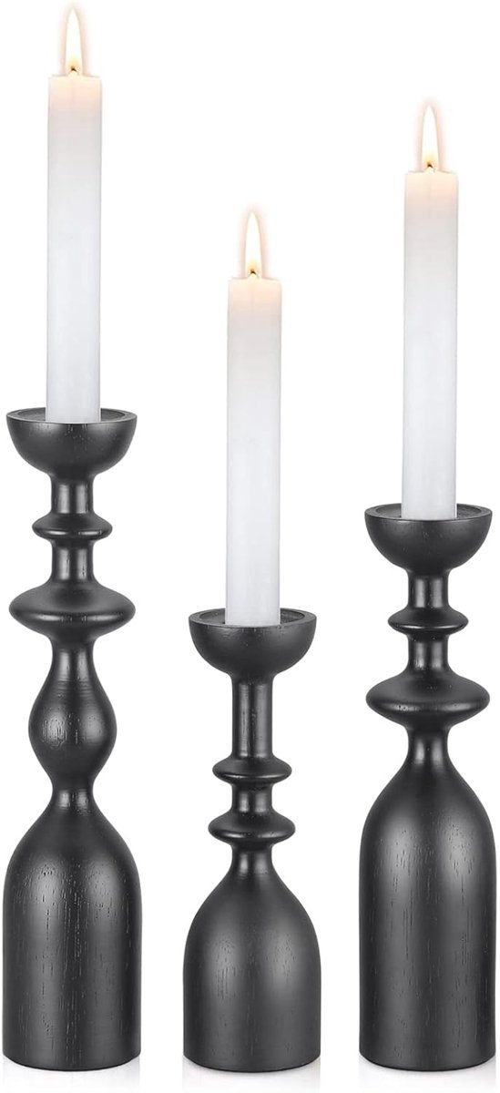 Houten Kandelaars - Kaarsenhouders Set - Tafeldecoratie Aankleden - Handgemaakt Massief Hout - 3 Maten - Mat Zwart