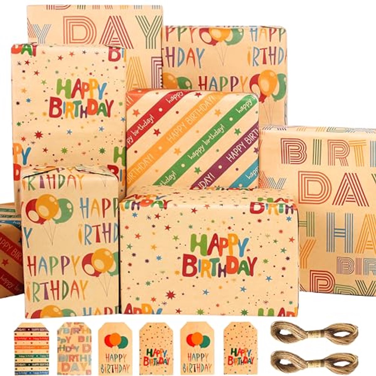 Inpakpapier Set - Cadeaupapier Vellen - Feestelijke Cadeaus Inpakken - Met Tags en Touw - 254 x 1778 cm