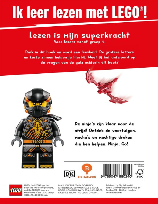 LEGO Ninjago figuur met zwarte en oranje outfit, met een rode robotdraak op de achtergrond. Tekst: De ninja's zijn klaar voor de strijd! Ontdek de voertuigen, mecha's en machtige draken die hen helpen. Ninja. Go!
