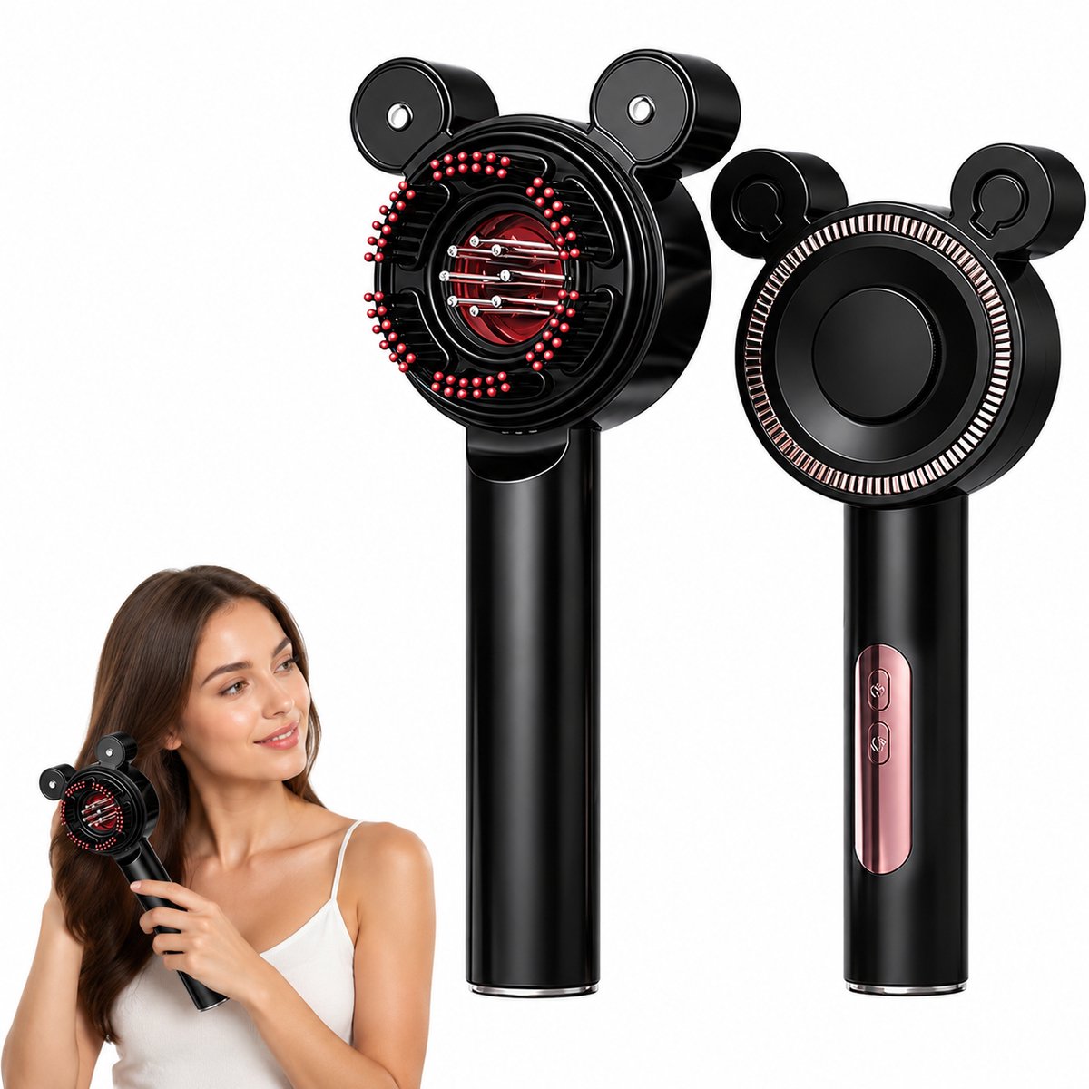 Elektrische Hoofdhuid Massagekam- 3-in-1 Automatische Scalp Massager met Rood Licht LED - Nano Vernevelaar voor Serum & Etherische Olie - zwart