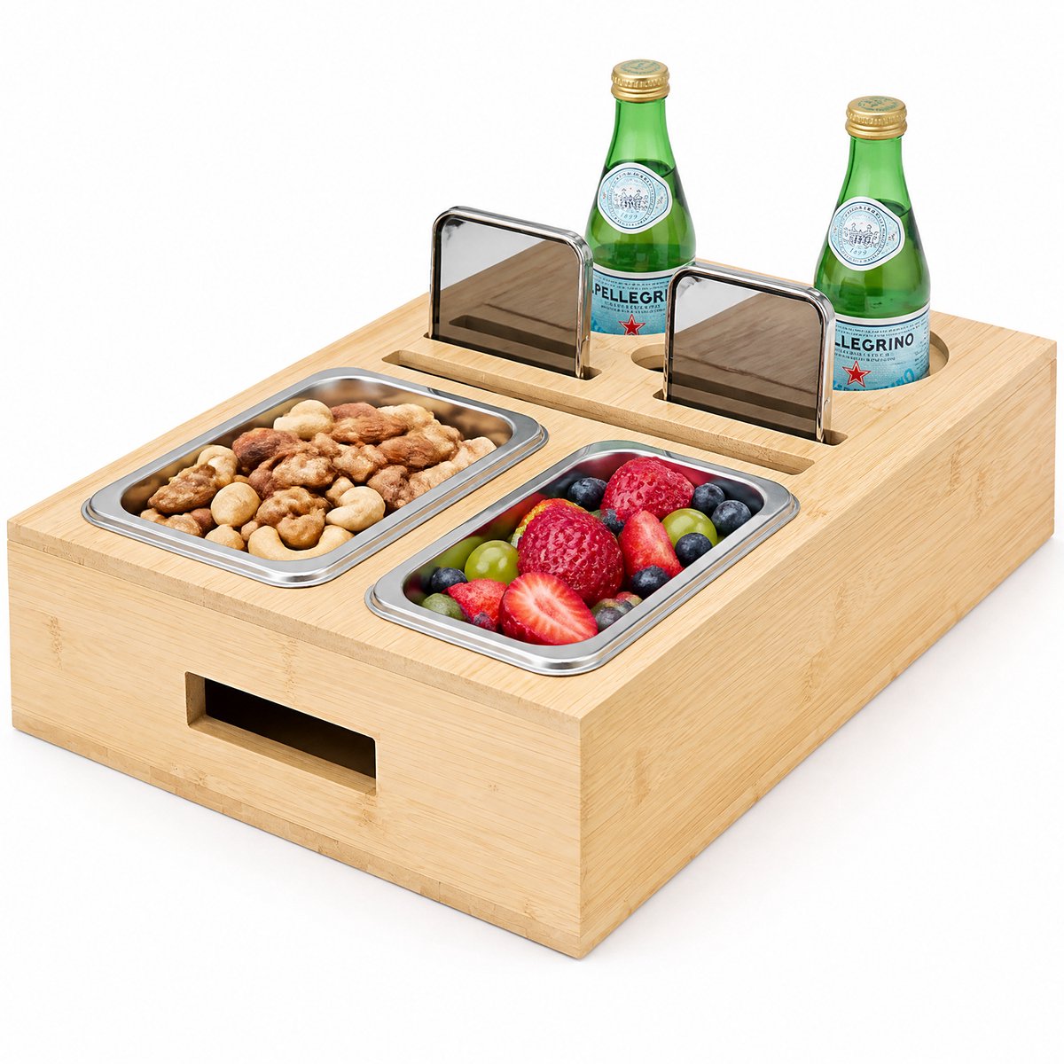 Houten Snack- en Bier Organizer – Bamboe Serveerplank met Bekersleuven en Opbergruimte – Multifunctionele Drank- en Snackhouder met Handgrepen – Naturel Houtkleur