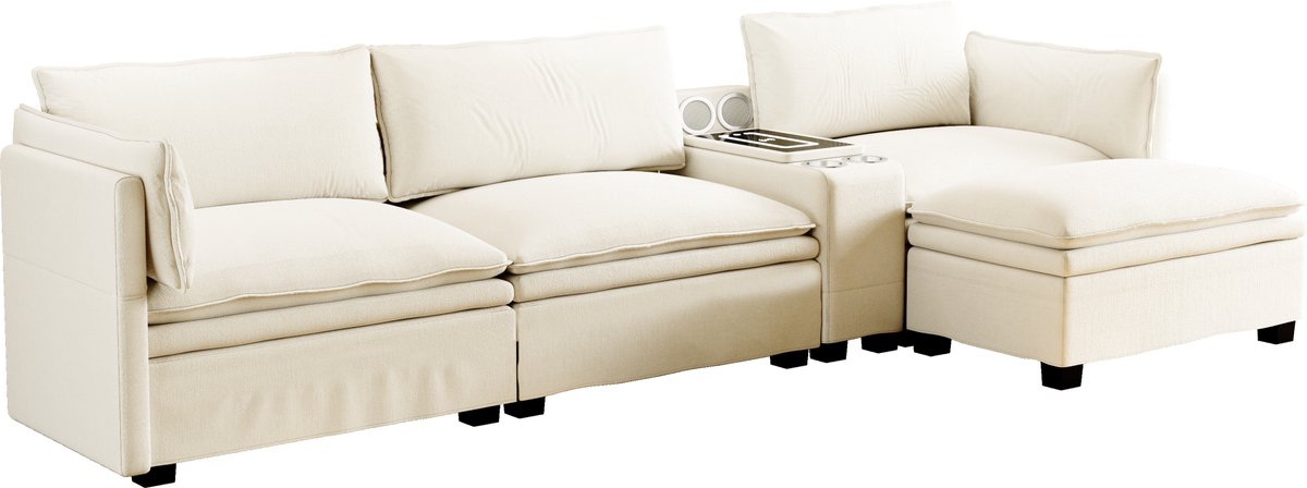MODENUIT Hoekbank 315 Cm - Modulaire Opstelling Met Ottoman, Draadloos Laden En Verlichting - Woonkamer - Chenille Beige
