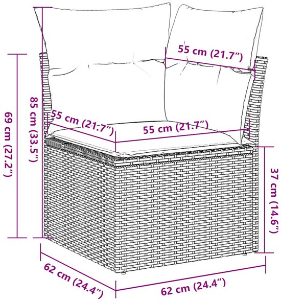Afmetingen van een beige polyrotan fauteuil met crèmekleurige kussens.