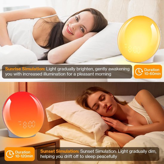 Wake Up Light Alarm Clock - Sunrise Alarm - Rustig Wakker Worden - Simuleert Zonsopgang - 8 Kleuren - Full Screen van Wake-up Light — afbeelding 2
