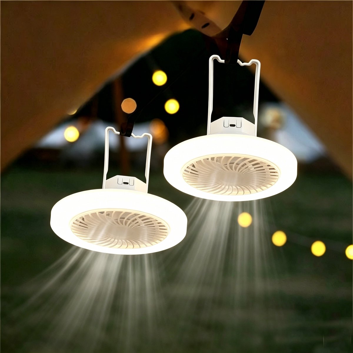 Camping plafondventilator met licht (2 stuks) - 2-in-1 oplaadbare plafondventilator met licht - Draagbare multifunctionele plafondventilator, USB-voeding - Drie instelbare windsnelheden - Geschikt voor kleine ruimtes, tenten, slaapkamers en kantoren