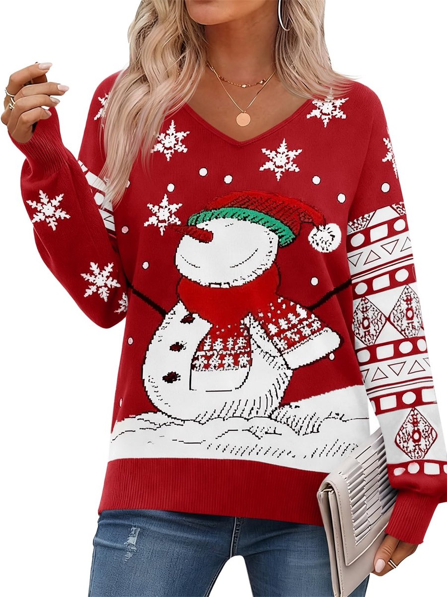 Dailygoods- Kersttrui dames - Sneeuwpop/sneeuwvlokken patroon - Lange mouwen - Gebreide trui - Zacht/comfortabel - Perfect voor winterse gelegenheden - Kerstsweater
