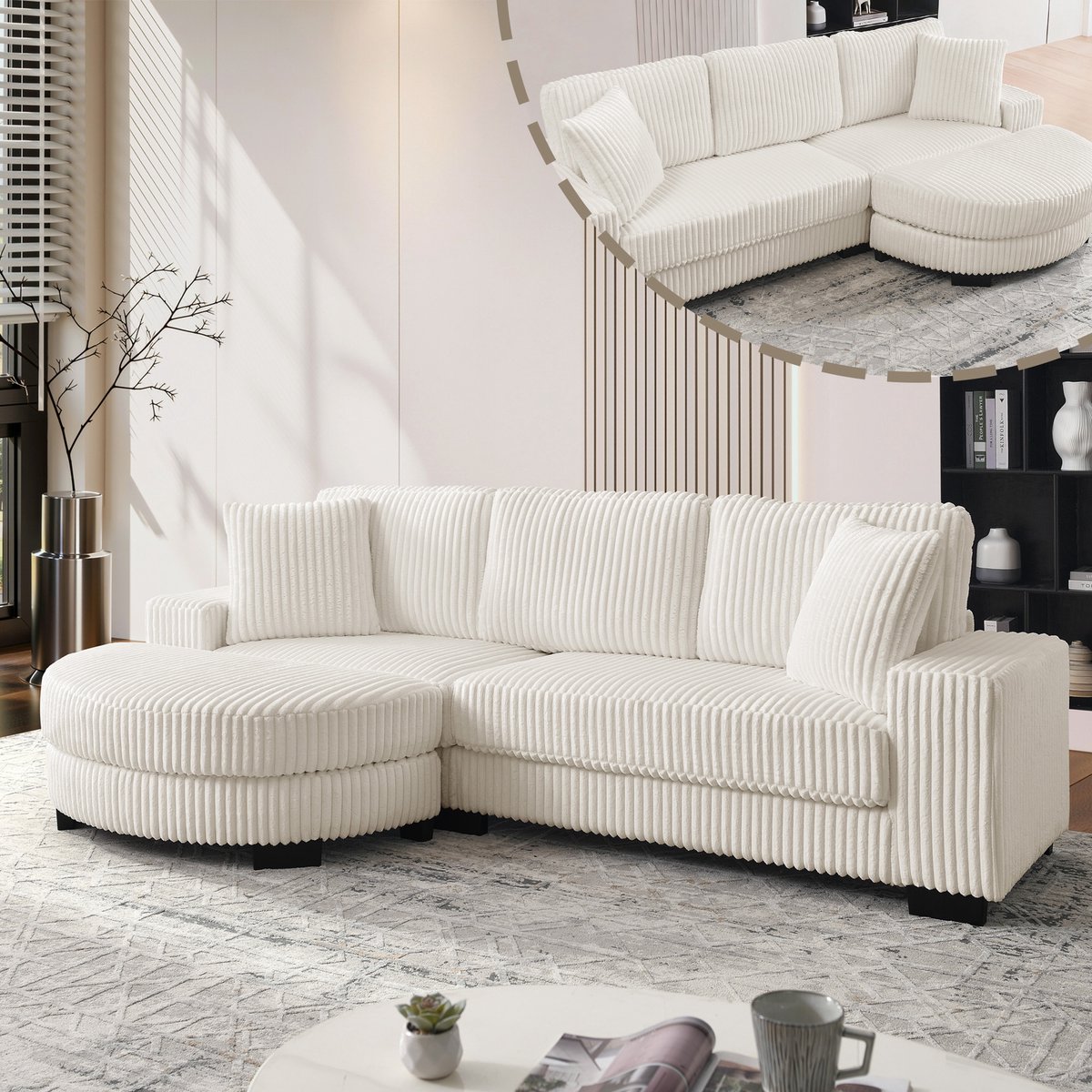 STILVORA Hoekbank 256,5 x 133,5 x 89 cm - Modulair Met Verwisselbare Hocker - Voor Woonkamer En Kantoor - Ribstof - Beige