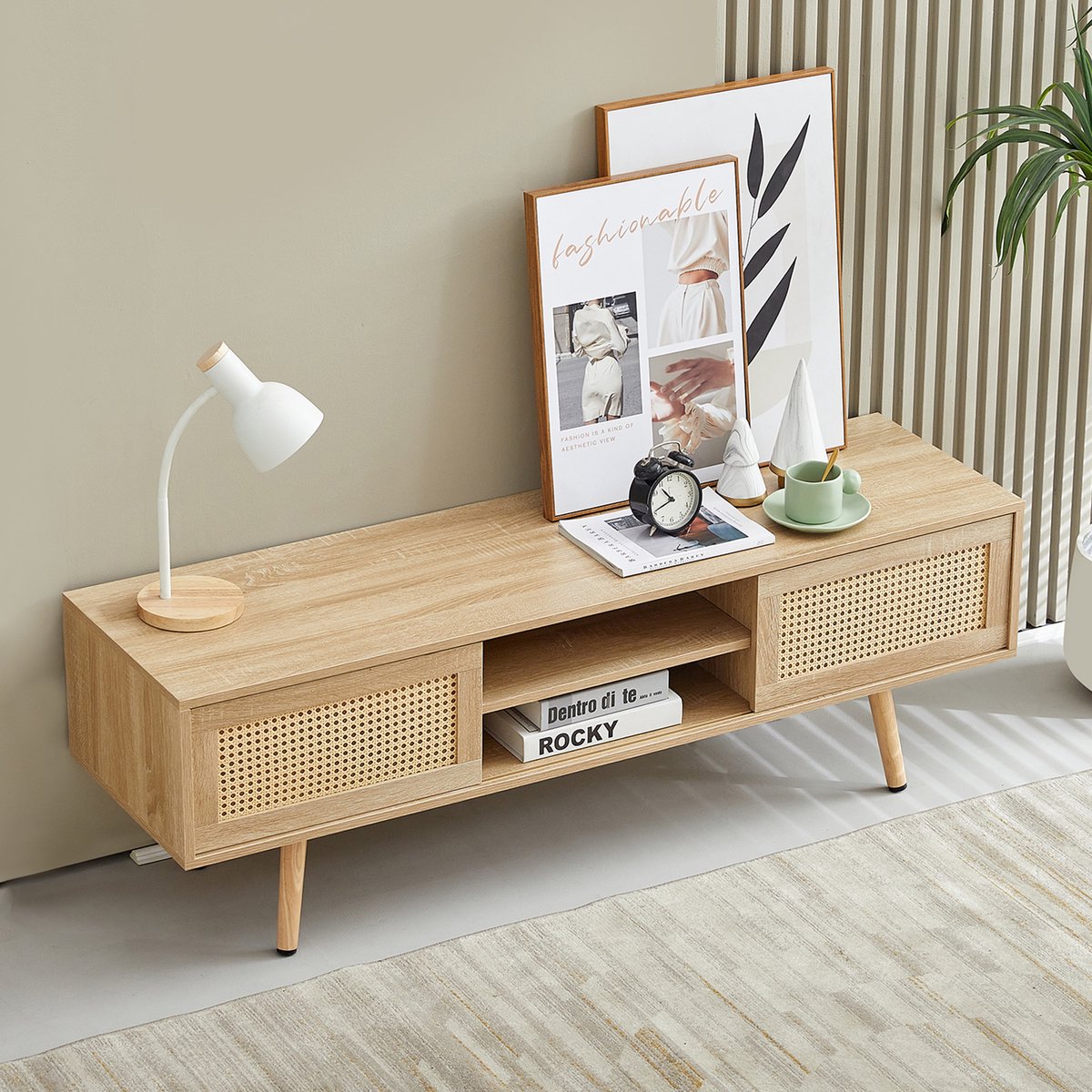 TV-Meubel - 140x40x45 cm - Schuifdeuren met Verstelbare Planken - Hout en Rotan - Naturel