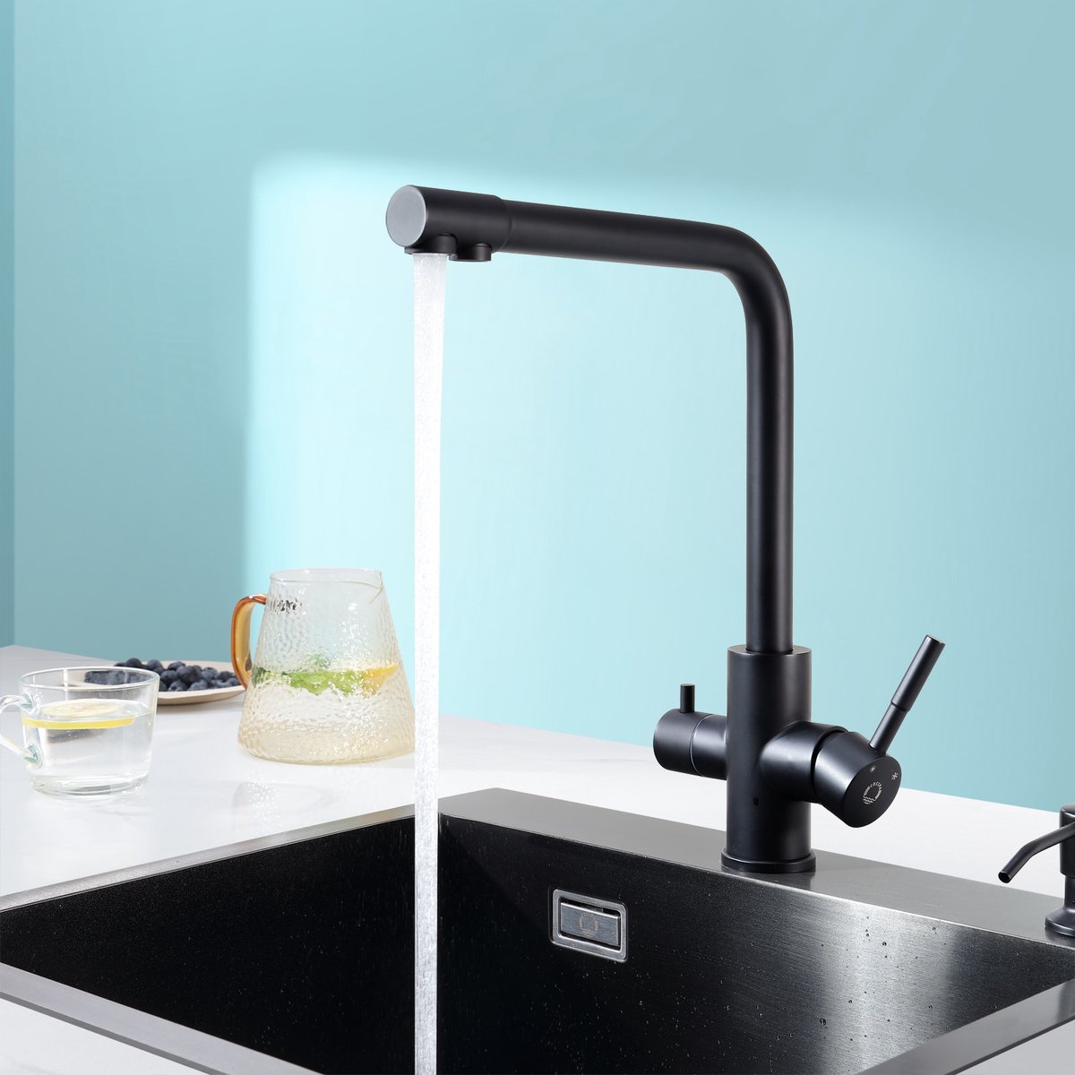 Sofetiy Ruimtebesparende Filter Keukenkraan - 3-in-1 Drinkwaterkraan - Voor 5cm Werkblad - Inclusief Stabilisatieplaat - Zwart