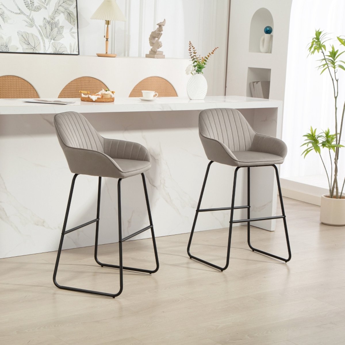 MODFU Barstoelset - Fluwelen Look - Voetsteun - Modern - Keukeneiland - Polyester - Grijs - 50,5 X 53 X 96 Cm