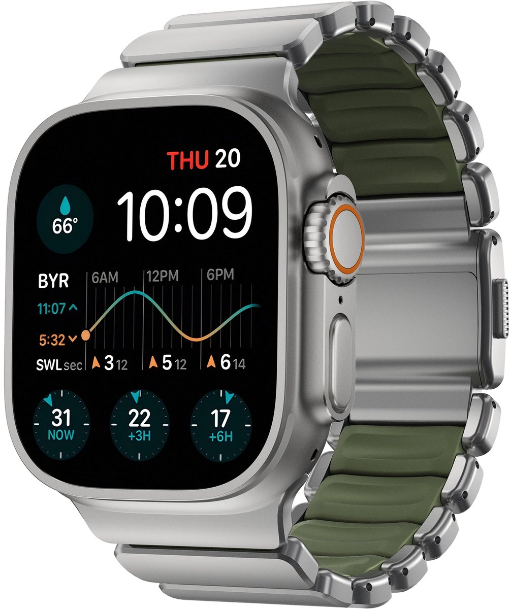 Nomad Stratos Horlogeband Natural Hardware 45/46/49mm – Titanium Hardware van Klasse 4 – Krasbestendige DLC-Coating – Compatibel met Apple Watch Ultra 1-3, Series 1-11, en SE - Groen
