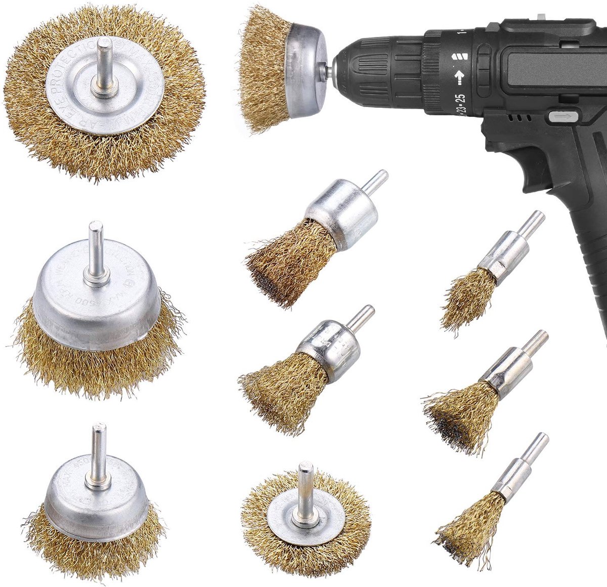 BRENZOOS - Coated Brass Wire Brush Set - 9-delige set - Voor het reinigen van roest - Goud - Draadborstels voor boren - Ideaal voor hout en metaal -...