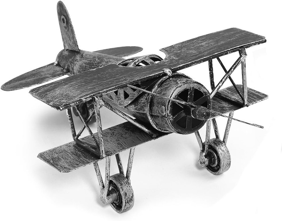 Retro Vliegtuigmodel van Metaal, Vintage Biplane Collectie voor Thuisdecoratie, Unieke Sculptuur en Cadeau voor Kinderen en Vader