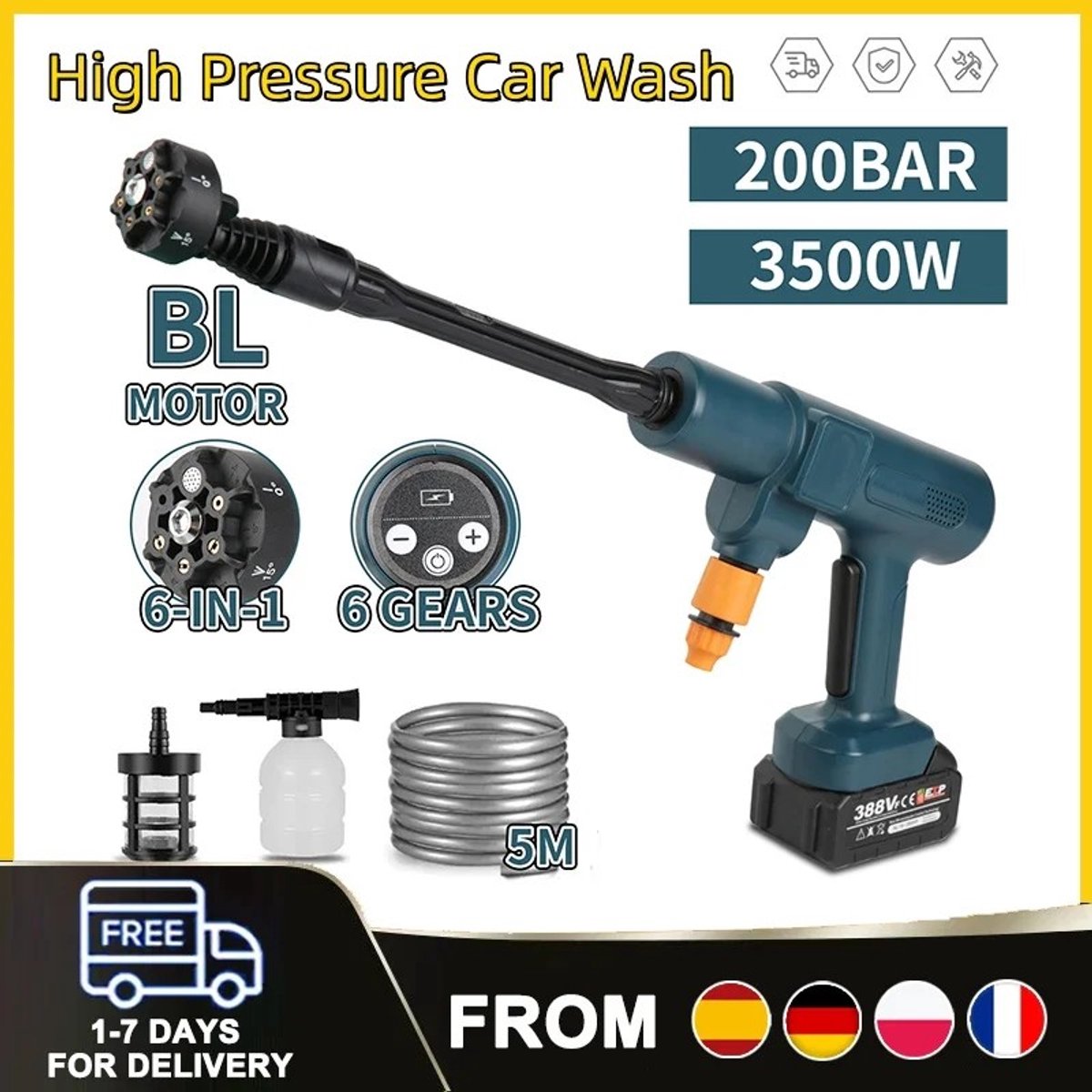 Dailygoods 6-In-1 Borstelloze Elektrische Hogedruk Auto Wasmachine 3500W Pistool Water Spuitpistool Huis Tuin Wasgereeds