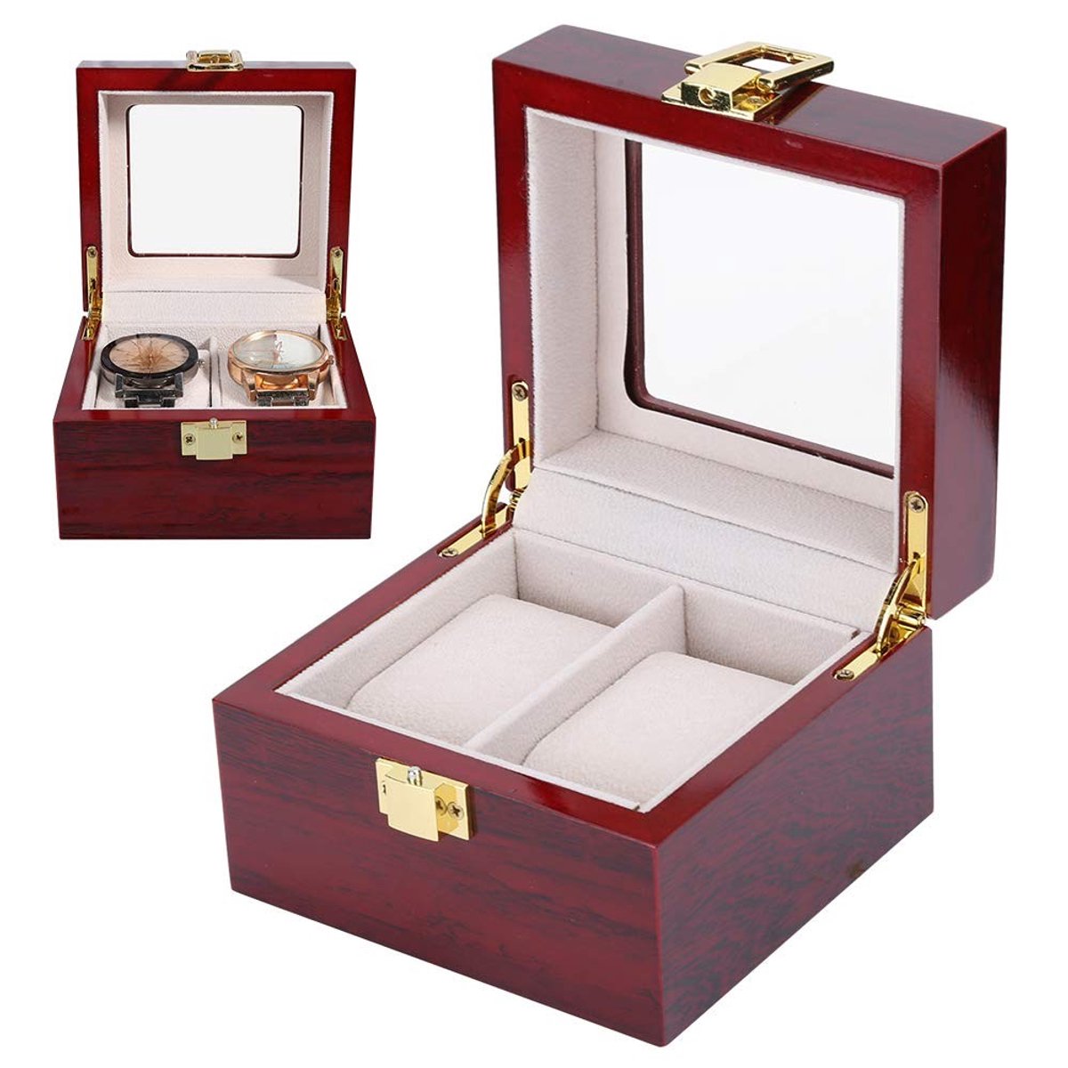 Dailygoods- Horlogebox voor 2 horloges - Houten Horlogekast - Glazen Deksel - Afneembare Horlogekussens - Duurzaam Design - Elegant Uiterlijk
