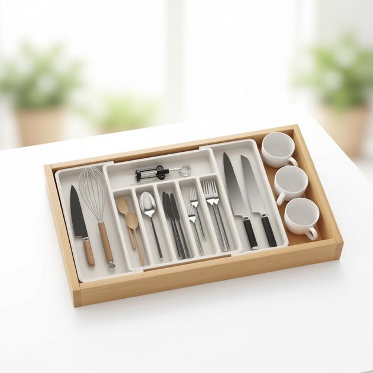 ElleMooi Bestekbak Lade Organizer Uitschuifbaar 33-57 cm - 8 Vakken Bestekorganizer Keukenlade Plastic Wit