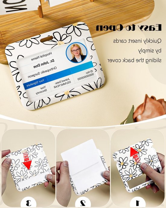 Floral Badge Holder met Witte Bloemen en Retractable Reel, Carabiner Clip en Afneembare Lanyard - Stijlvolle Bescherming voor ID Kaarten van Vrouwen en Docenten — afbeelding 5