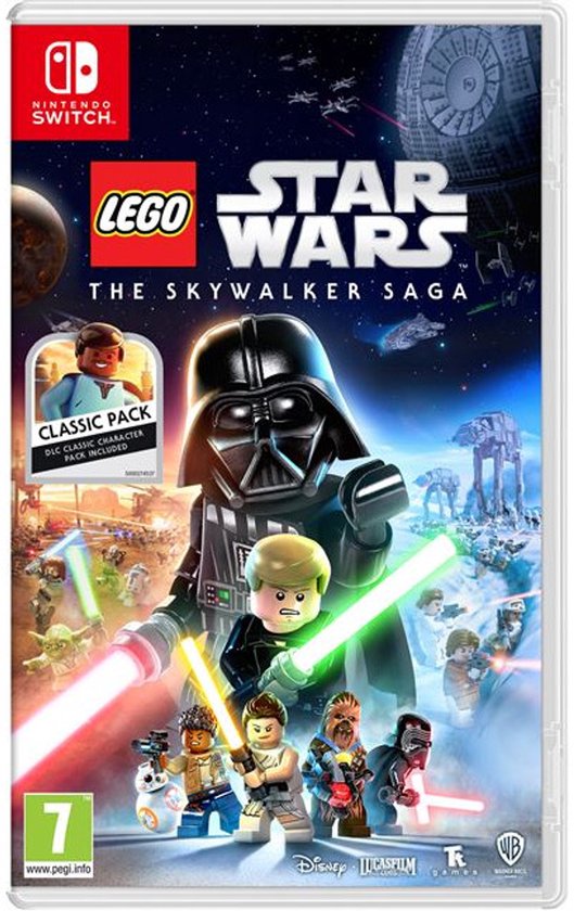 De hoes van de Nintendo Switch game Lego Star Wars: The Skywalker Saga met Darth Vader, Luke Skywalker en andere personages.