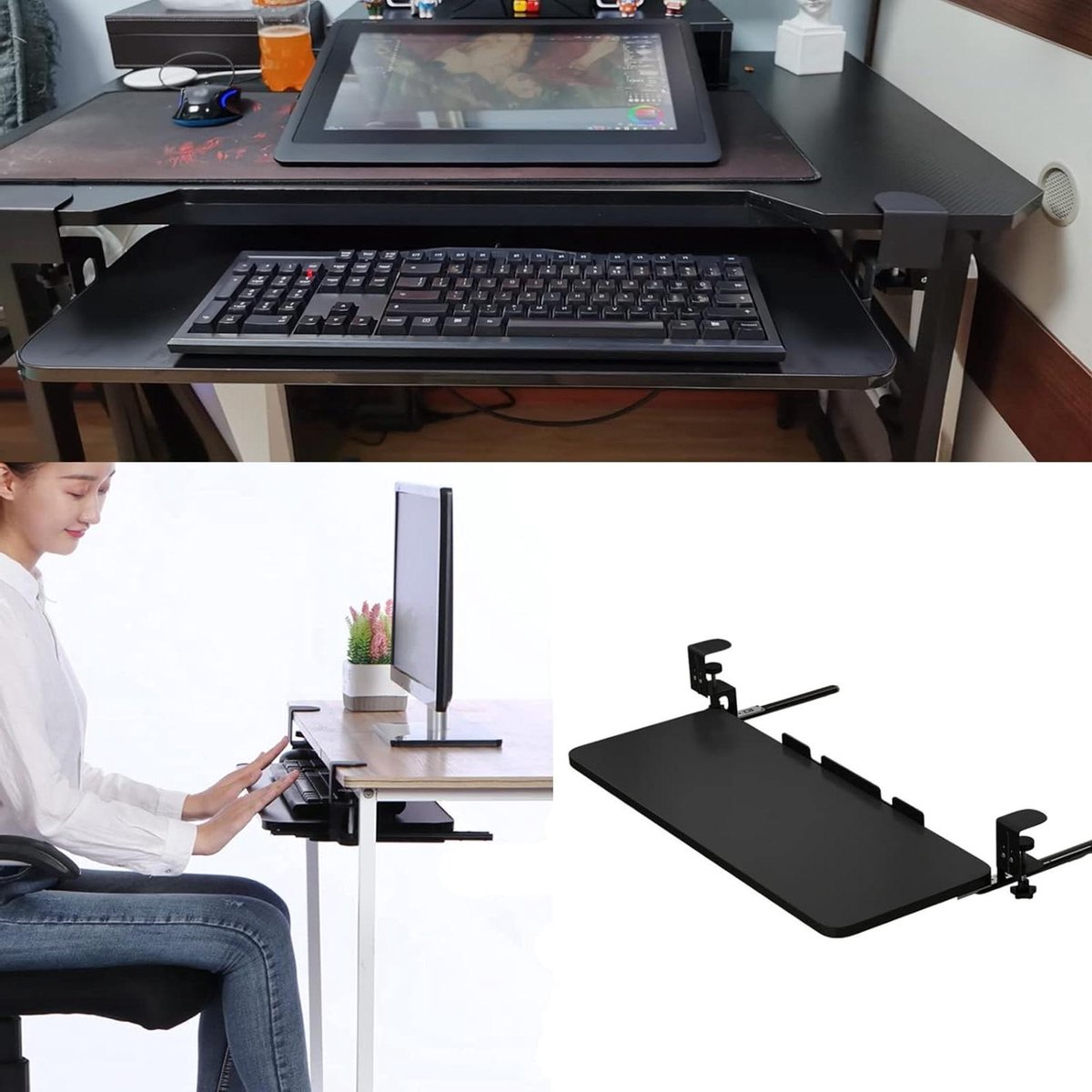 Toetsenbordlade Onder Bureau - Uitschuifbaar Platform - Werkruimte Verbeteren - Ponsvrije Installatie - 65 cm - Zwart
