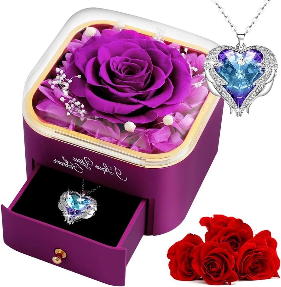 Eternity Roos met Ketting voor Vrouwen, Perfect Cadeau voor Moederdag, Verjaardag en Valentijnsdag (Paars)