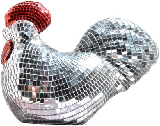 Kip Disco Bal - Spiegel Figuur - Feest Decoratie - Zilver Rode Tegels - 17x13.5 cm - Zilver Rood
