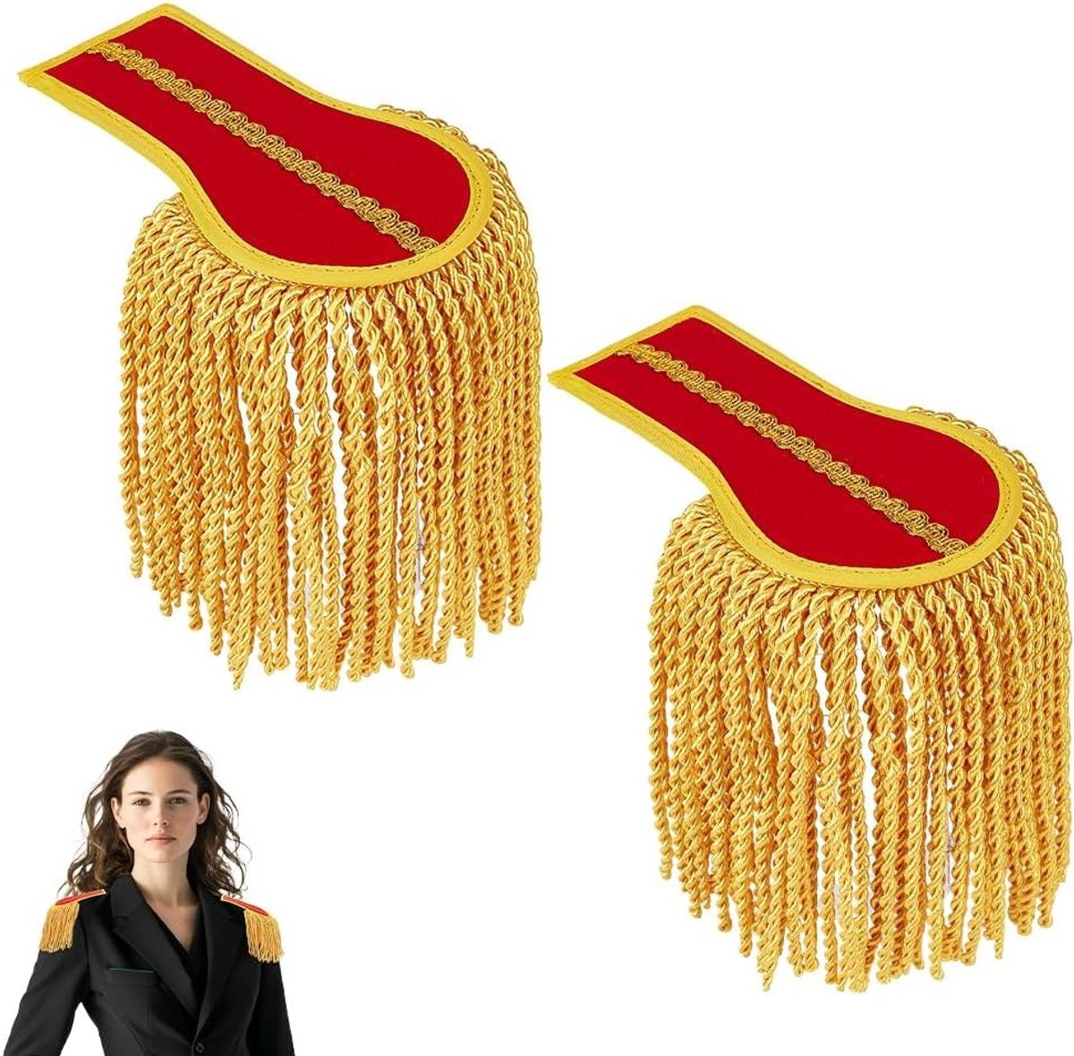 1 Paar Tassel Schouder Epauletten met Afneembare Kledingring en Gouden Ketting, Cosplay Accessoires voor Carnaval en Kostuums, Rood