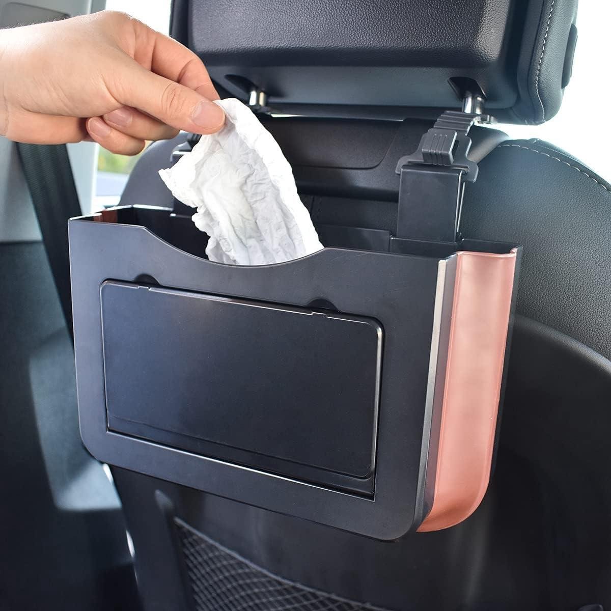 Riloer Small Hanging Car Waste Bin with Cup Holder and Upgrade Holder, Foldable Garbage Bag for Car Seat Organizer with Small Invisible Plate
