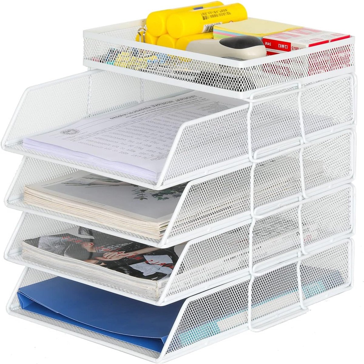 4-laagse A4 Mesh stapelbare bureautidy voor documenten, tijdschriften en kantoorbenodigdheden - Wit