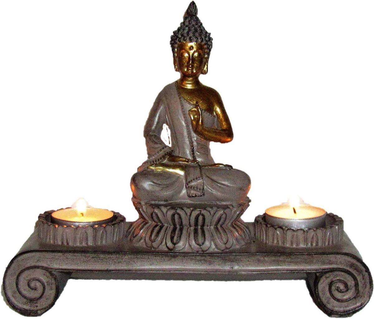 Decoratieve Buddha - Beeldje Houder - Sfeer Creëren - Twee Kaarsenplaatsen - 20 cm Hoog - Bruin