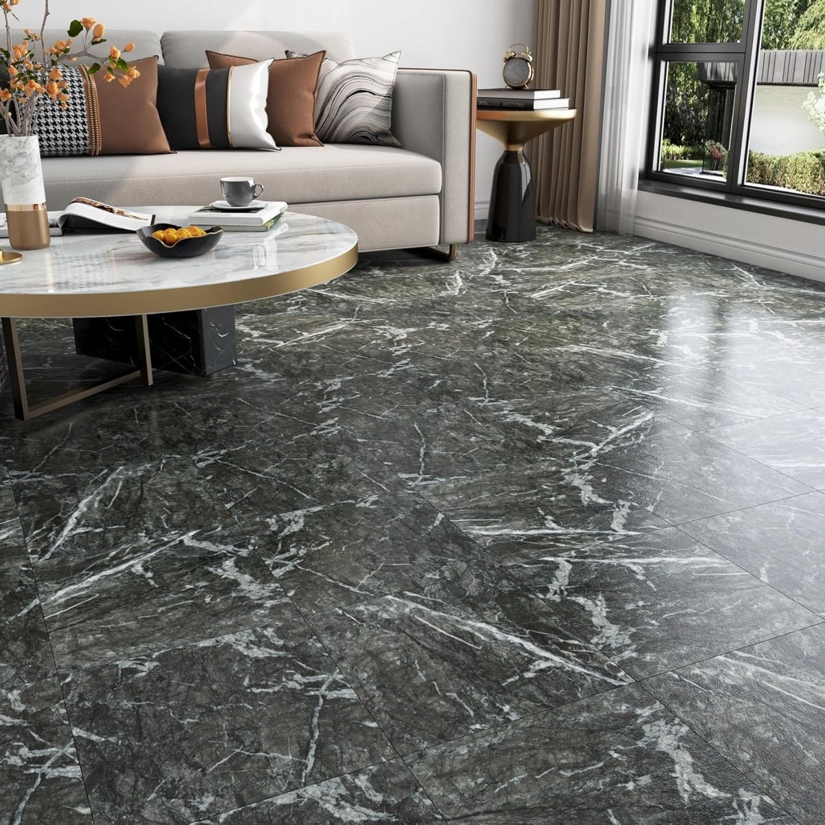 Zelfklevende PVC Tegels 30x30CM voor Keuken, Badkamer en Slaapkamer - Donkergrijze Waterdichte Marmerlook Vloerbedekking, Duurzaam en Eenvoudig te Installeren