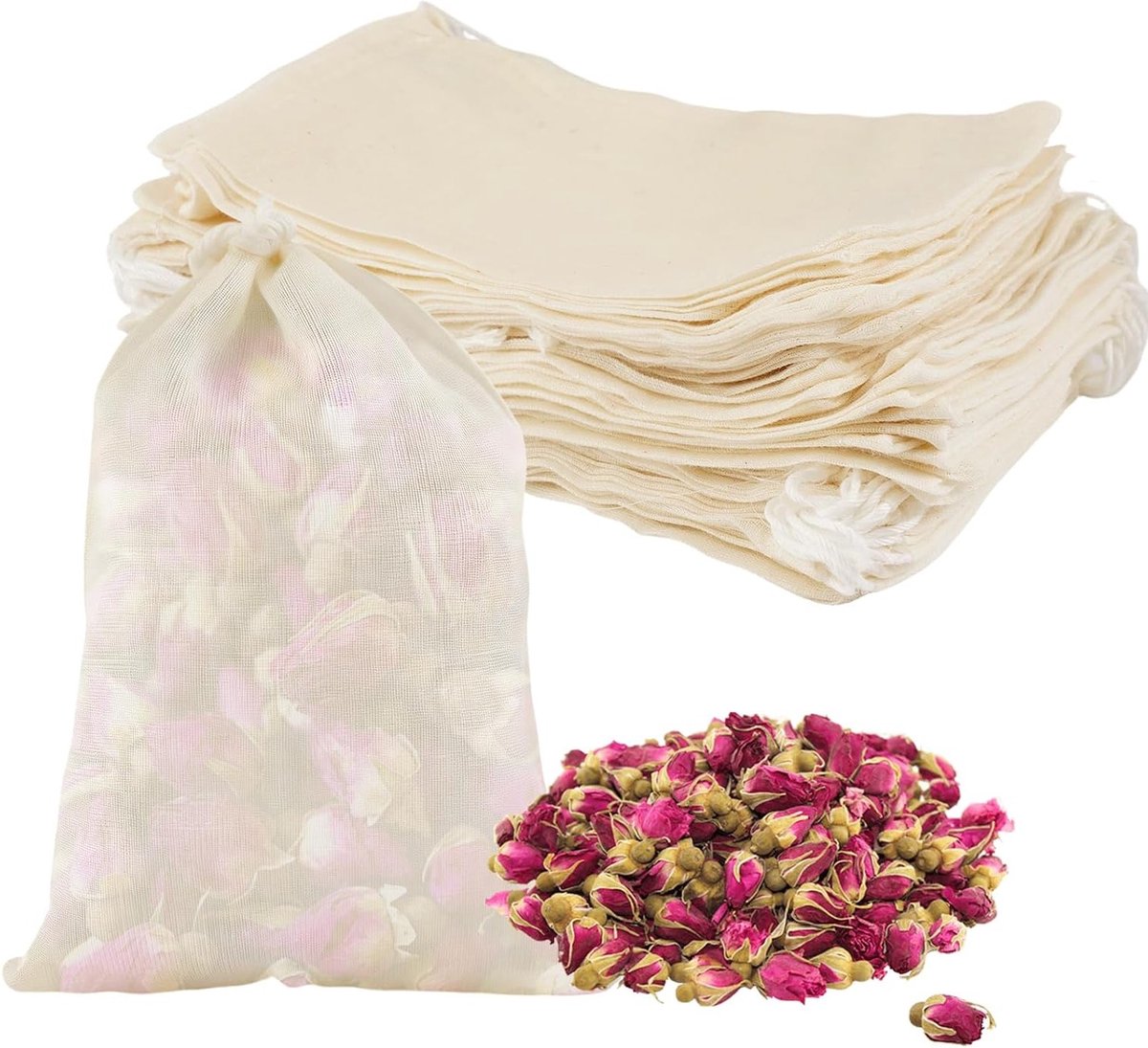 40 Herbruikbare Katoenen Mesh Zakken voor Thee en Kruiden, 15x10cm, Ideaal voor Koken, Bouillon en Koffiefilteren