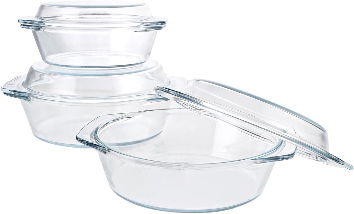 Ronde Glazen Ovenschaal met Deksel, 3 Stuks, Geschikt voor Magnetron en Oven, Ideaal voor Salades, Vlees en Meer, Capaciteit 650/1000/1400 ml