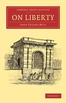Boekomslag van 'On Liberty' door John Stuart Mill. Rood met gouden letters boven een zwart-wit tekening van een gebouw en figuren.