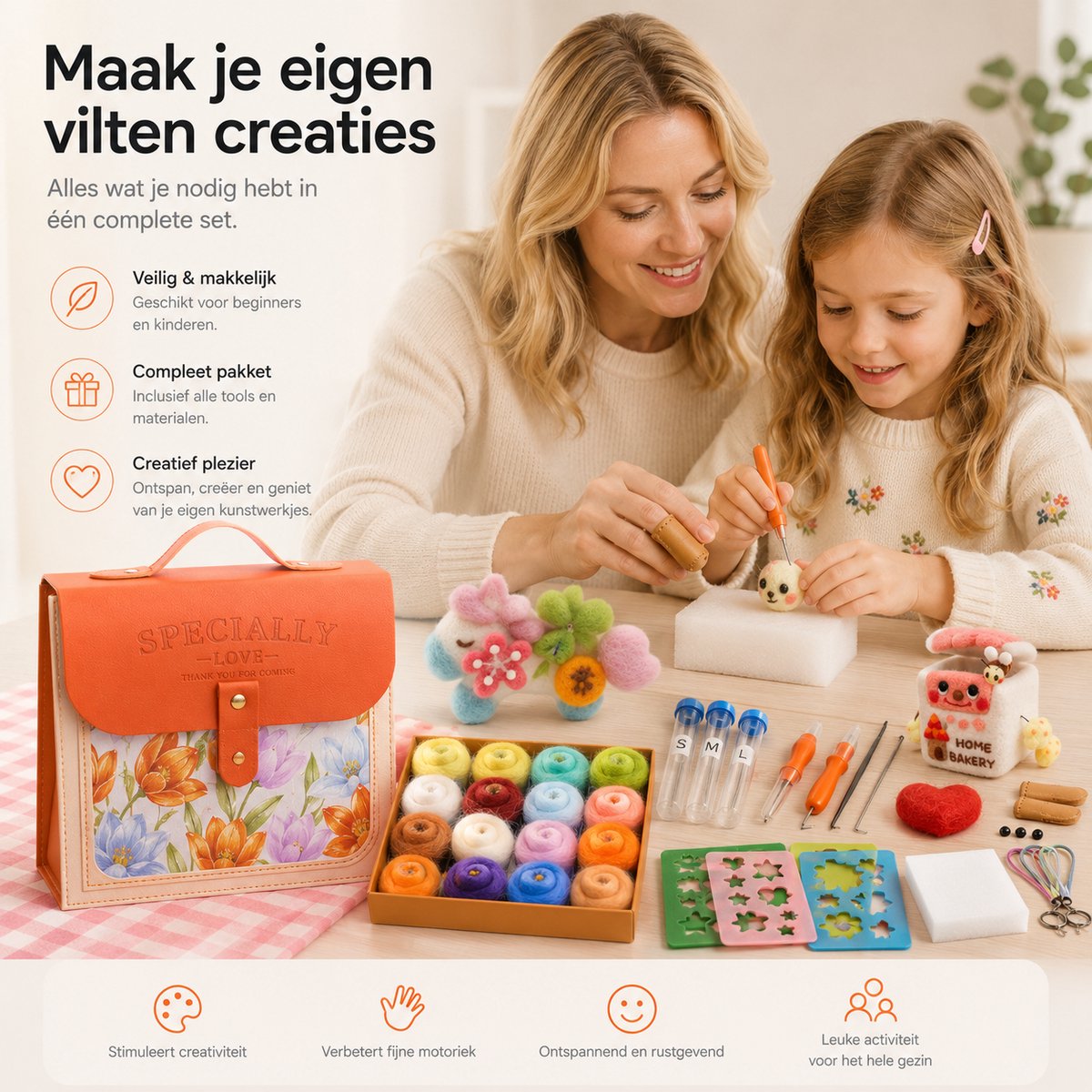BOTC Naaldvilten - Starterset - Incl. Tools en doos - Needle felting - Pakket - Gekaarde wol - Viltnaalden - Oranje — afbeelding 2