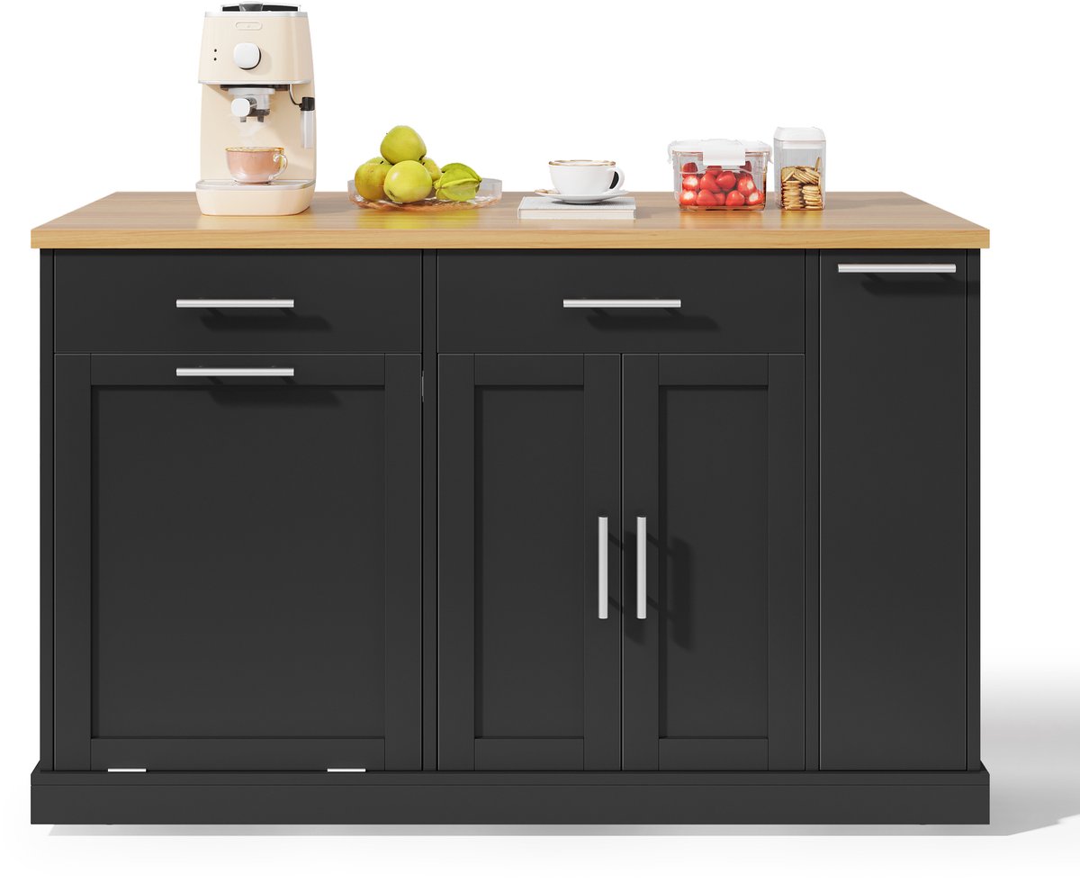 WELLTIN Keukeneiland op wielen met neerklapbaar werkblad, keukentrolley met afvalbak, kruidenrek met 4 lagen, 2 lades en vergrendelbare wielen - 120x45x93 cm - Zwart