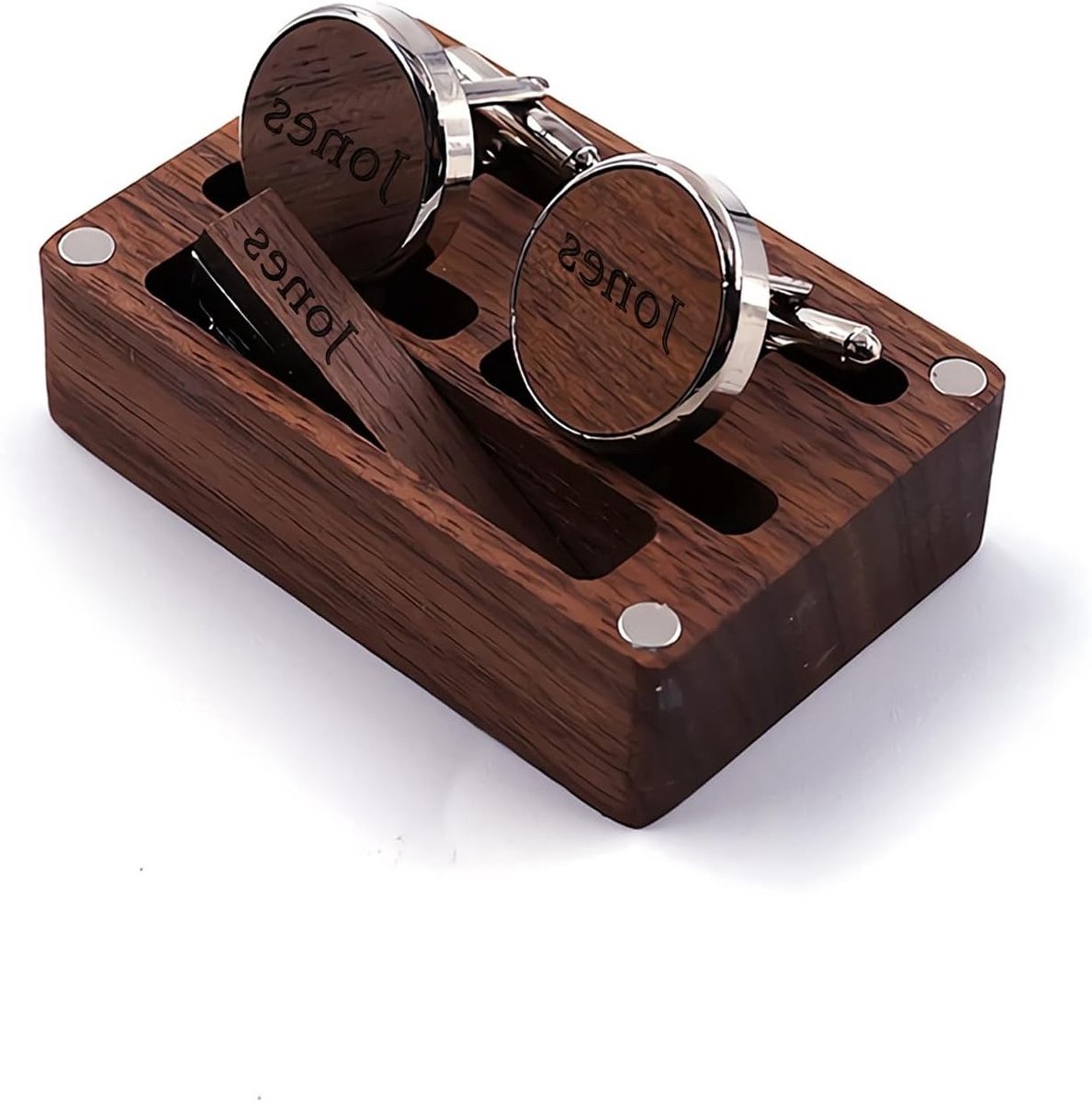 Zwarte Walnoot Heren Cufflinks en Stropdasclip Set, Gepersonaliseerde Cufflinks, Luxe Cadeau voor Bruiloft en Zakelijke Evenementen, 2cm, RVS, Elegante Accessoires