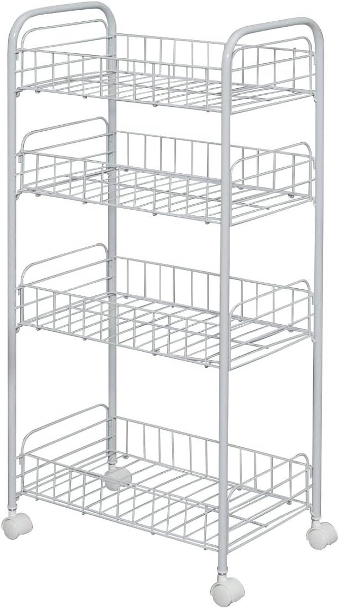 Opbergwagen - Dressoir Trolley - Ruimte Organiseren - Verhoogde Randen - 4 Manden 85cm - Wit