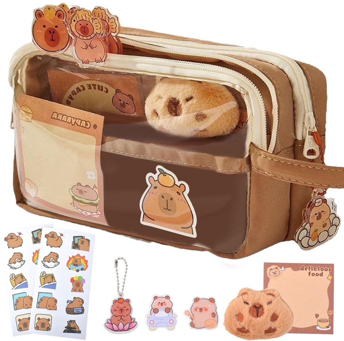ONF3 - Capybara Pennenetui - Grote capaciteit - Bruin - Transparante vakken - Schattig design - Geschikt voor kinderen - 1 stuk