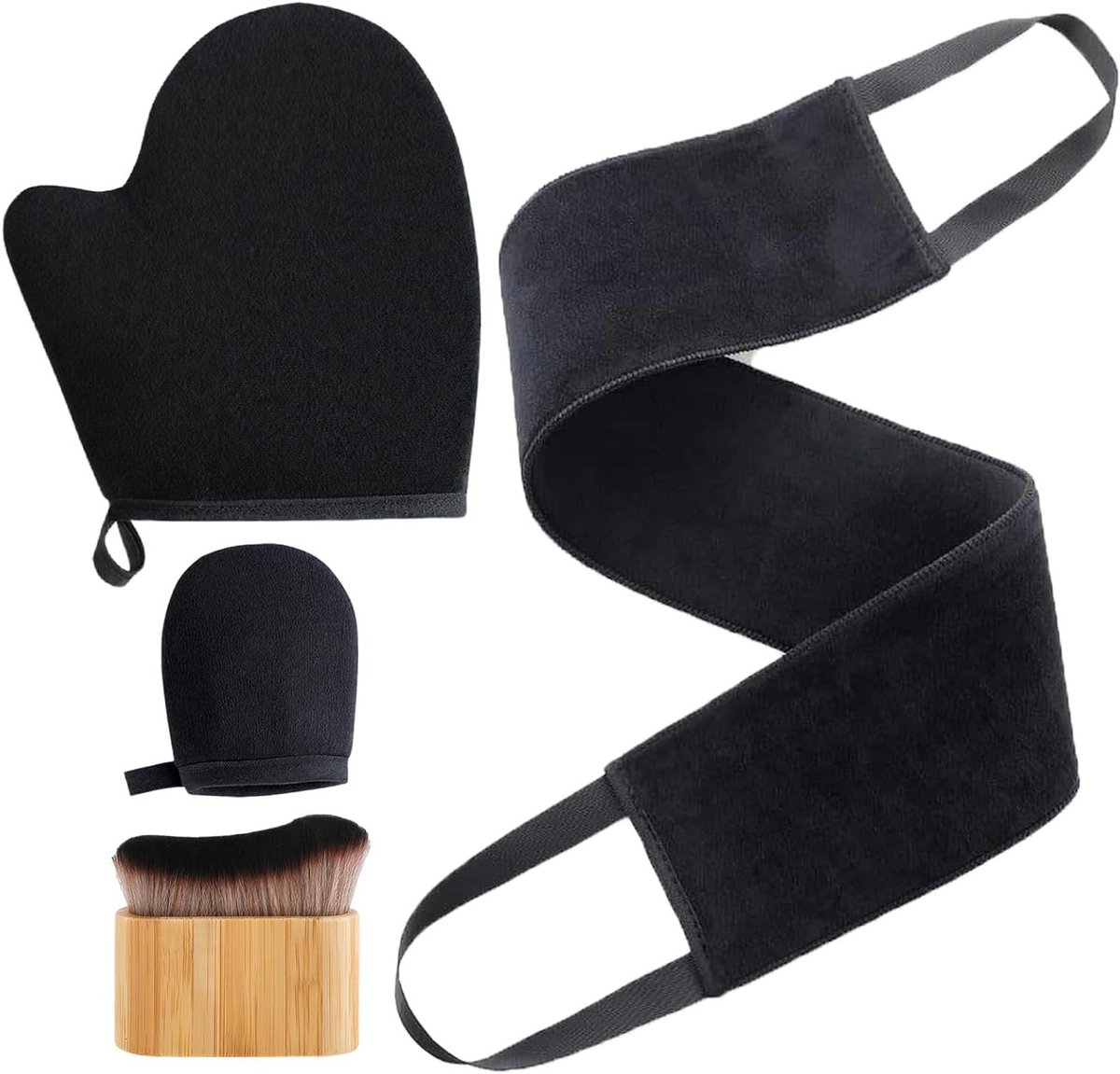 Set van 4 Zelfbruinende Handschoenen, Pluche Applicator voor Rug, Hangbare Tanning Handschoenen, Ideaal voor een Egale Bruine Huid en Gemakkelijk Aanbrengen