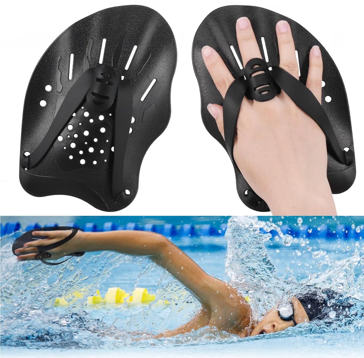 aladdien - zwemhandpeddels - zwemtraining - comfortabele siliconen riemen - zwart/blauw - zwembad accessoires - unisex - zwemtraining