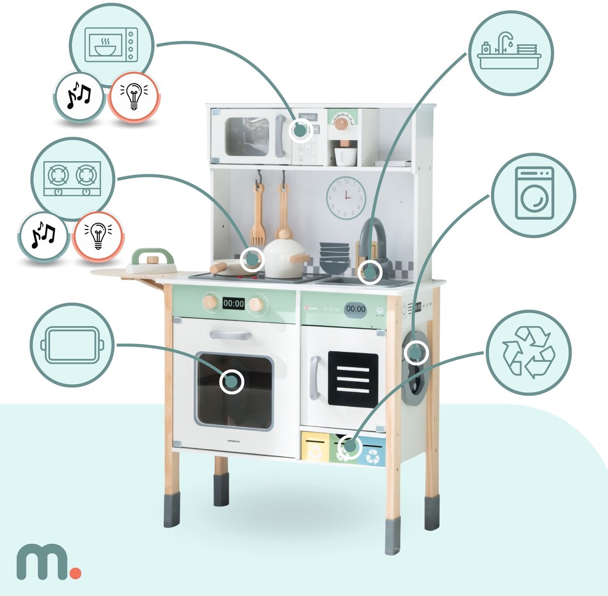 Mamabrum Houten Speelkeuken met Wasmachine, Vaatwasser en Schoolbord – Interactieve Kinderkeuken met Licht & Geluid – Verstelbare Hoogte – Inclusief Accessoires — afbeelding 5