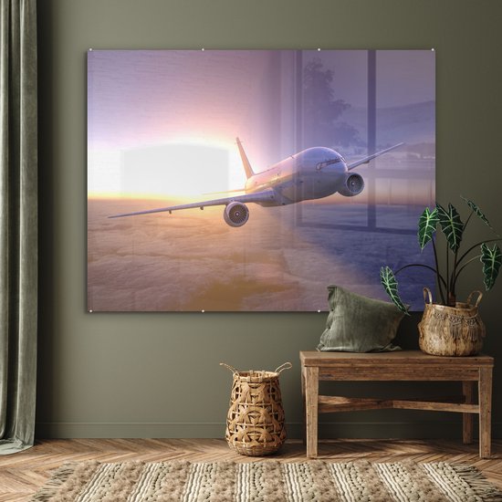 Un avion volant au-dessus des nuages au coucher du soleil Plexiglas 160x120 cm - Tirage photo sur verre (décoration murale plexiglas) XXL / Grand format!