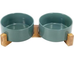 SPUNKYJUNKY Ceramic Double Bowl with Bamboo Stand for Cats and Dogs (850ml, Green)