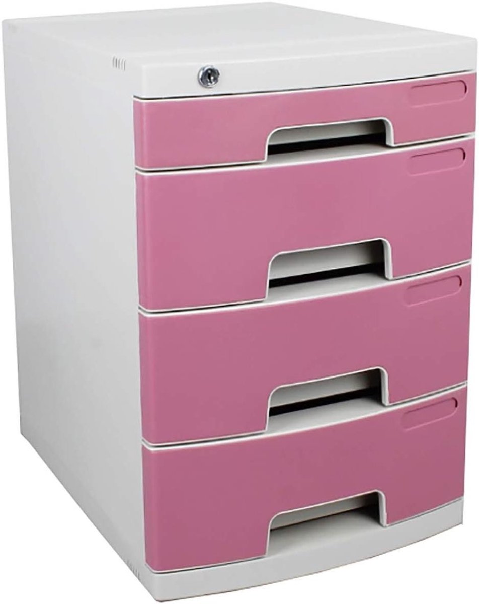 Bureau Ladekast - Opbergkast Kantoor - Documenten Sorteren - Afsluitbare Laden - 4 Lagen - Roze