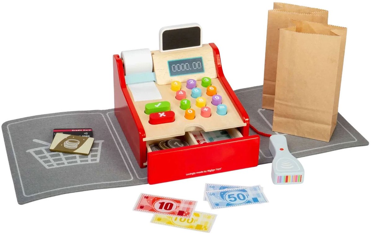 Bigjigs houten kassa speelgoedwinkel met scanner en accessoires.